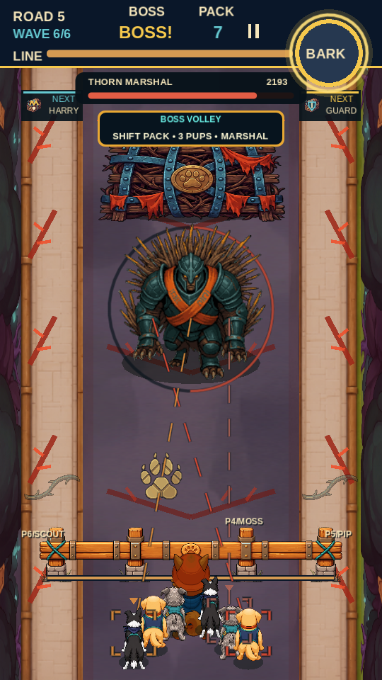 The Thorn Marshal boss on Road 5, a boss-volley warning and a pack gathered behind Bert.