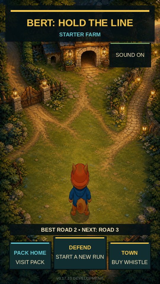 Bert outside the lantern-lit starter farmhouse, with Pack Home, Defend and Town controls.