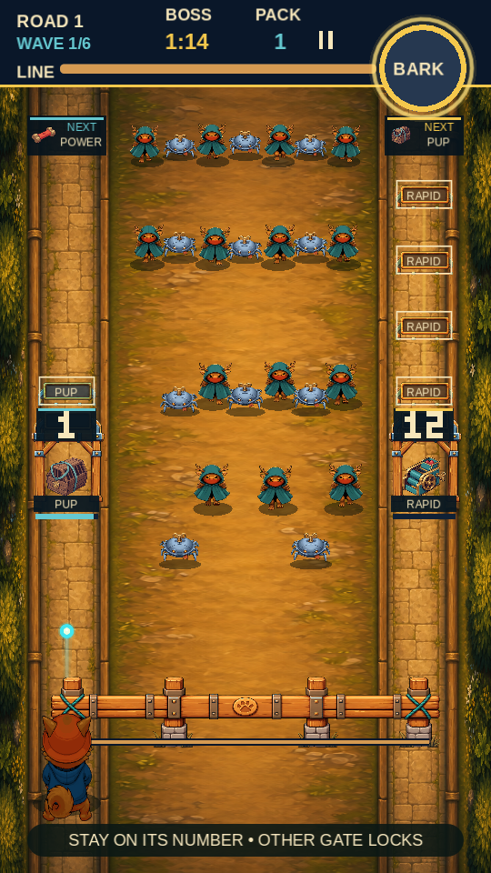 A numbered Pup gate on the left and Rapid gate on the right flank the advancing horde.