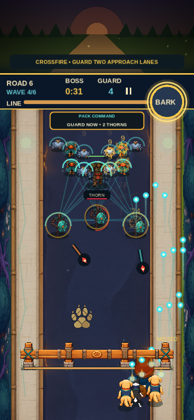 Road 6 crossfire with two approaching threats, a Guard pack-command prompt and incoming projectiles.
