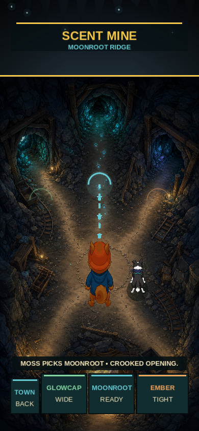 Bert and Moss at the glowing fork of Scent Mine, with Moonroot selected between Glowcap and Ember.