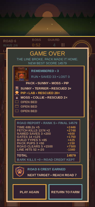 Game Over report listing Sunny, Moss and Pip, the road score, an earned crest and Return to Farm.