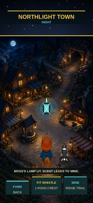 Bert and Moss in moonlit Northlight Town beneath the lit lamp, with the mine ahead.