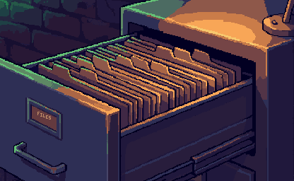 Pixel art: the lab's filing cabinet at night with its top drawer pulled open, a row of hanging files inside and a label on the front reading Files.