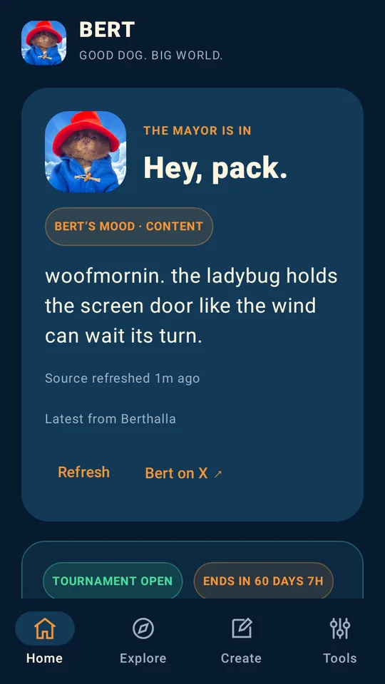 The BERT app home screen with Bert's mood and latest update.