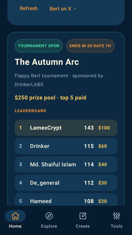 The BERT app showing the Flappy Bert tournament leaderboard.