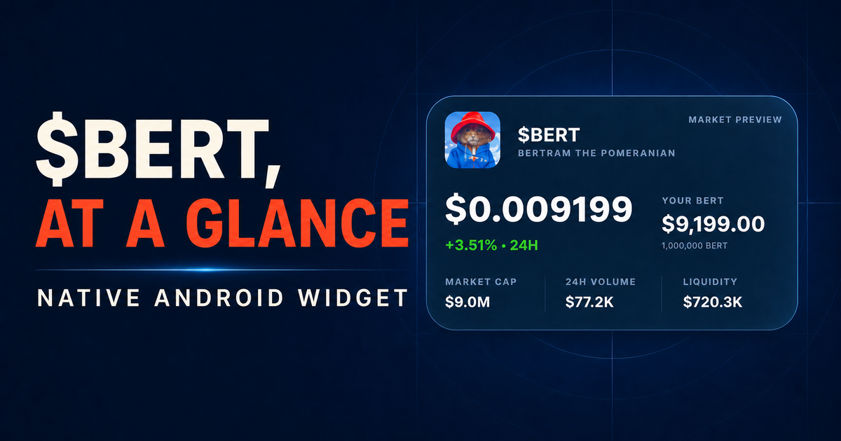 BERT Widget on an Android home screen, showing BERT price, market cap, volume, liquidity and optional holdings value