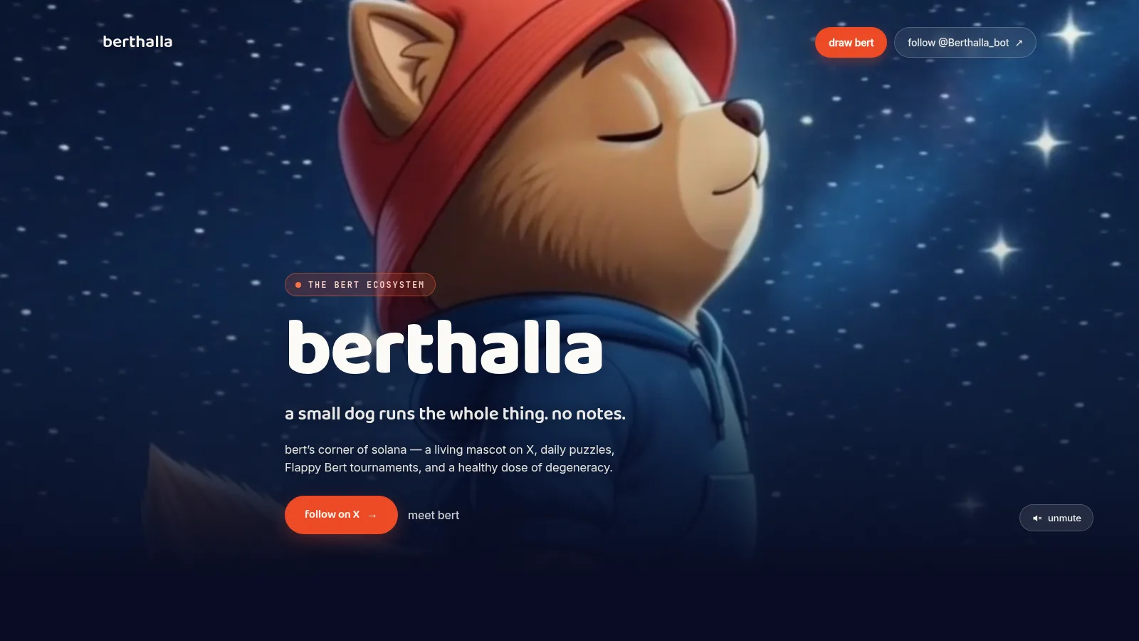 berthalla.io — the Berthalla ecosystem homepage: chrome wordmark over the hero film with live ecosystem status below