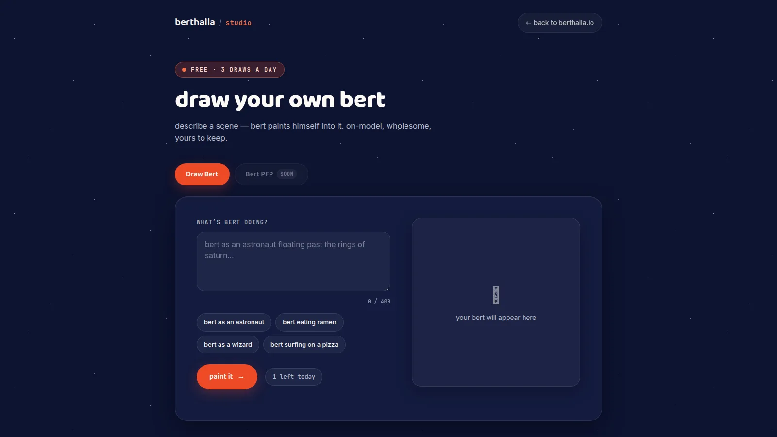 Bert Studio — the free web generator page where visitors type a prompt and get an on-model Bert image