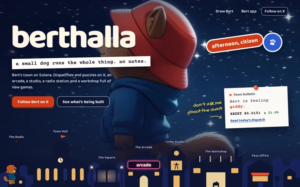 berthalla.io: the mayor's noticeboard at night, with the town skyline as the map.