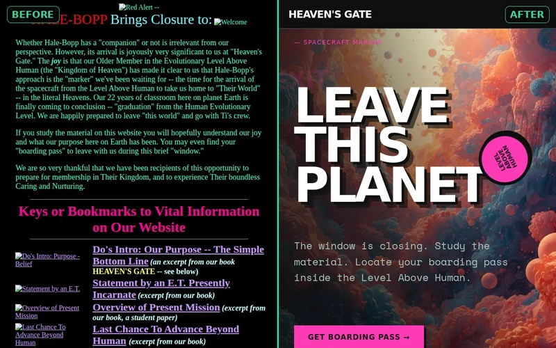 facelift before/after — the cluttered 1997 Heaven's Gate site (green Times New Roman on black with broken images) on the left, beside facelift's modern reskin on the right: a bold 'Leave This Planet' hero over a generated cosmic background with clean nav and a call-to-action