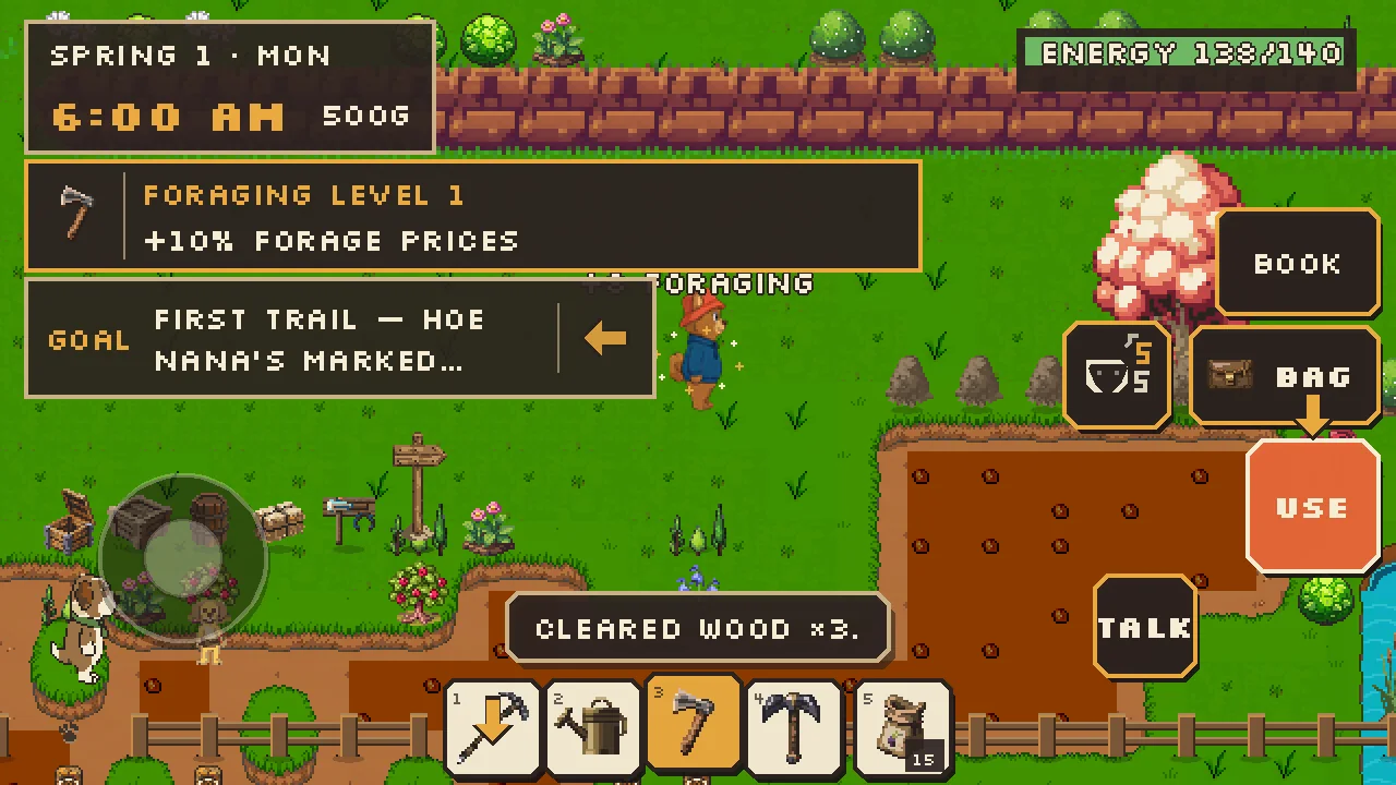 Farmhalla: Bert's farm in spring, with tilled plots, the foraging goal and the tool bar.