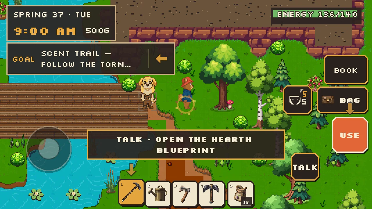 Farmhalla: following a scent trail, with the hearth blueprint as the next goal.