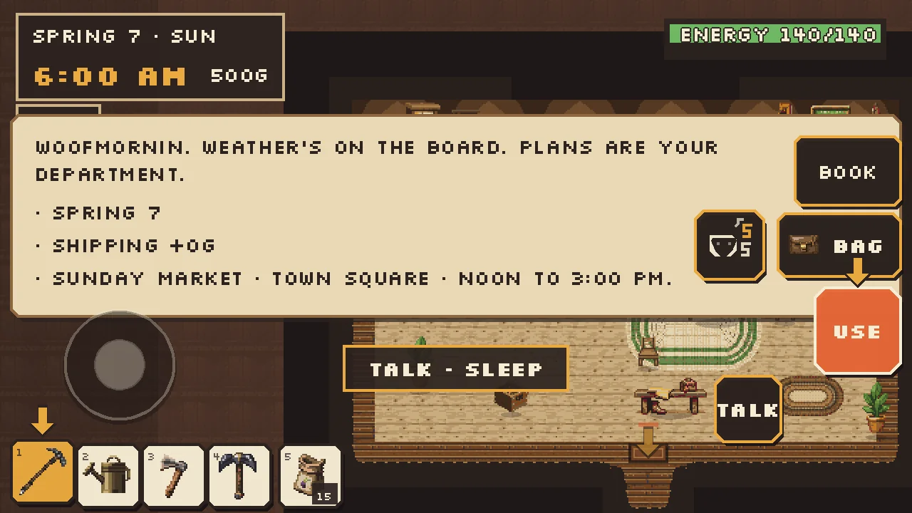 Farmhalla: the morning report screen.