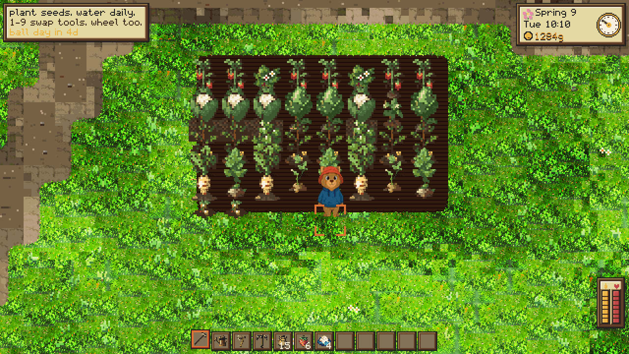 Farmhalla — Mayor Bert stands at the edge of his watered crop rows: ripe strawbeagles, collieflowers, taters and pawsnip sprouts on dark tilled soil, with the clock plaque reading Spring 9 and harvested crops in the toolbar