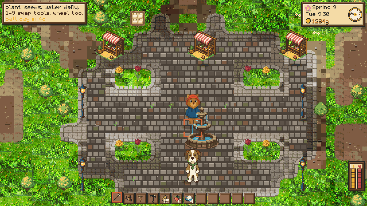 Farmhalla — the Berthalla town plaza at 9:30 am: Deputy Bruno the St. Bernard stands by the stone fountain on his morning schedule, with market stalls, lamp posts and tulip beds around the square