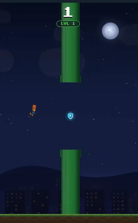 Flappy Bert mid-run — Bert flaps toward a pipe gap and a shield power-up under a full moon, night city skyline below, score counter reading 1