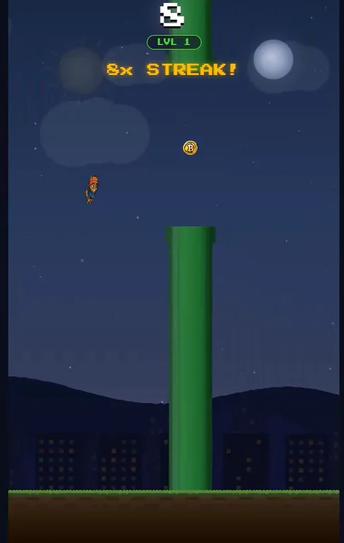Flappy Bert at an 8x streak — the streak banner flashes as Bert lines up a floating coin pickup above a pipe, night skyline behind
