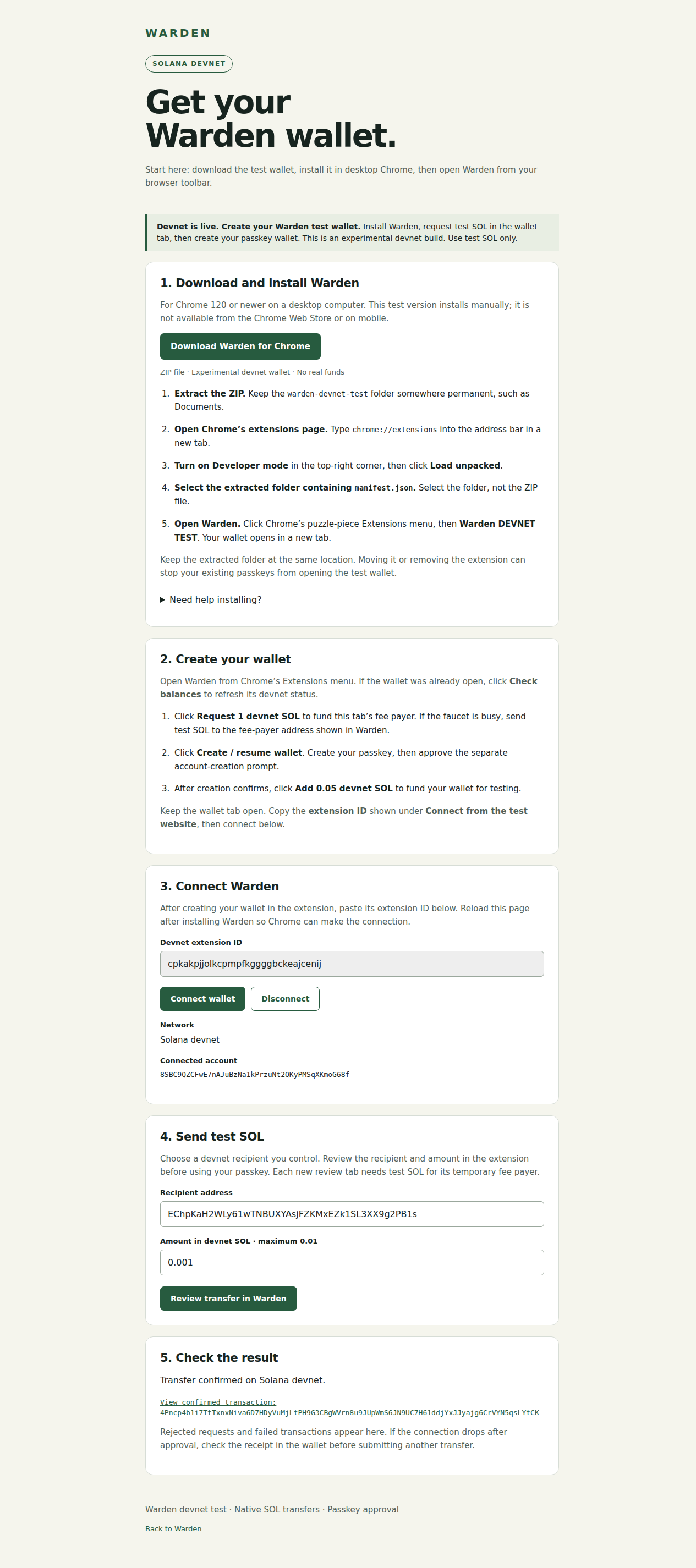 The Warden test website connected to a disposable devnet account, with a confirmed transfer and transaction receipt.