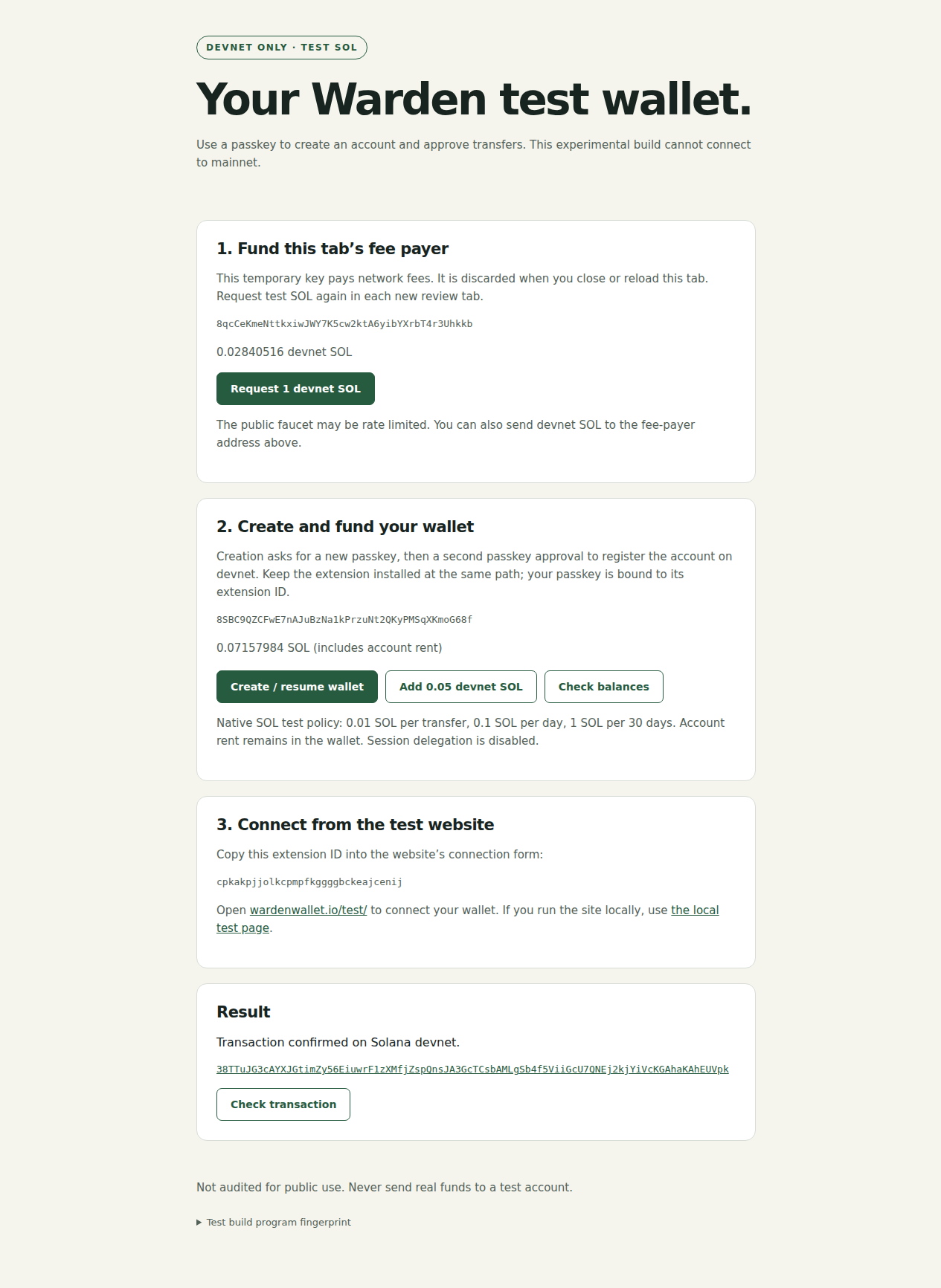 The experimental Warden wallet with a passkey account created and funded on devnet.